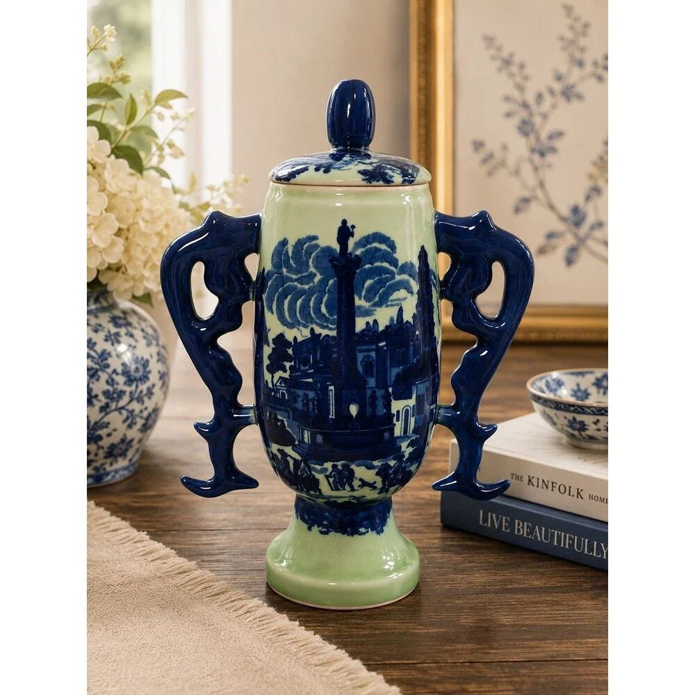 Asian Style Blue & Green Porcelain Lidded Urn Vase Double Handle 11.5”